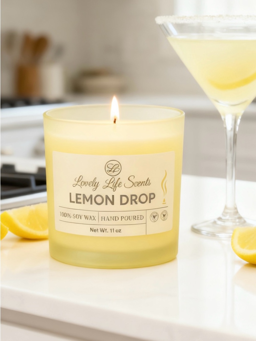 Lovely Life Scents Lemon Drop 11 oz Premium Soy Wax Candle, in Frosted Glass